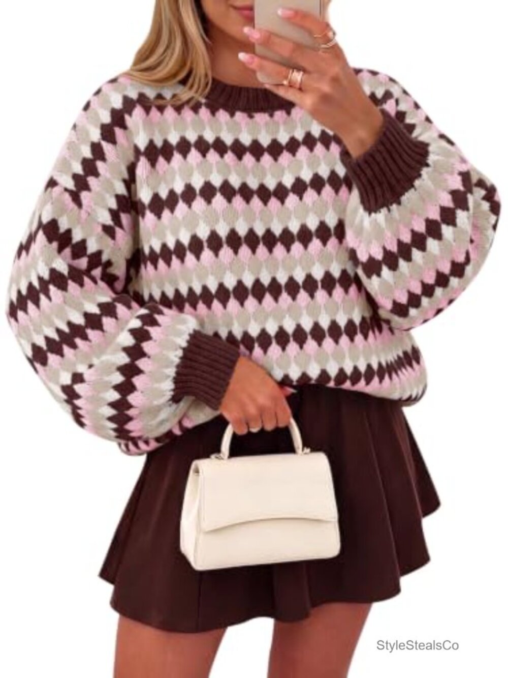 Womens Striped Chunky Knit Sweater Lantern Sleeve Loose Pullover